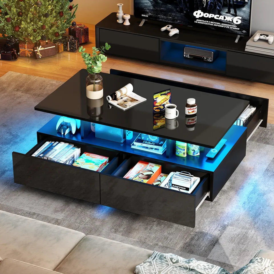 Black LED Coffee Table Modern High Gloss Center Table with Storage Drawers